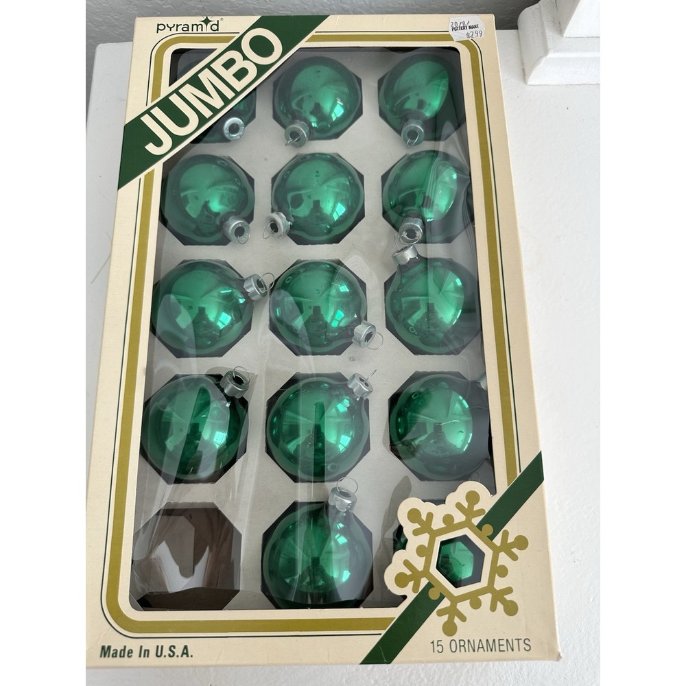 Vintage Pyramid Jumbo Green Glass Christmas Ornaments Set of 14 Made in USA